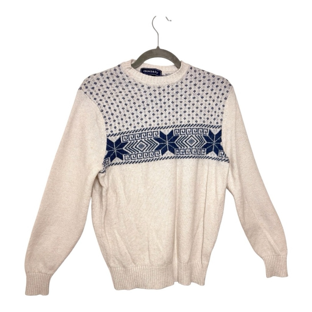 Crown & Ivy Cream Navy Fair Isle Lambswool Sweater Heritage Prep Nordic Small